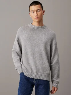 Calvin Klein Jeans Miesten Neulepusero, COTTON WOOL CREW NECK SWEATER Vaaleanharmaa
