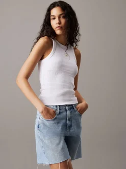 Calvin Klein Jeans naisten toppi, WOVEN LABEL RIB TANK TOP Valkoinen