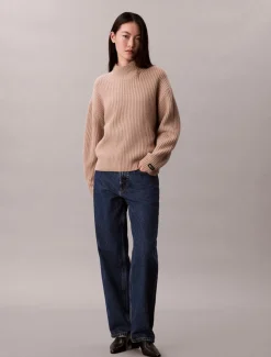 Calvin Klein Jeans naisten neulepusero, CHUNKY WOOL BLEND T NECK SWEATER Luonnonvalkoinen