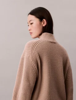 Calvin Klein Jeans naisten neulepusero, CHUNKY WOOL BLEND T NECK SWEATER Luonnonvalkoinen