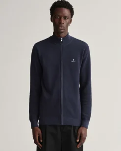 Gant Miesten Neuletakki, Cotton Pikee Zip Cardigan Tummansininen