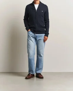 Gant miesten neuletakki, COTTON CABLE ZIPPED CARDIGAN Tummansininen