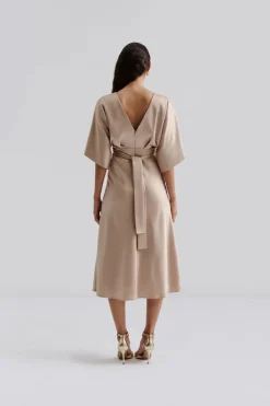 Malina naisten mekko, JUNO V-NECK SATIN MIDI DRESS Beige