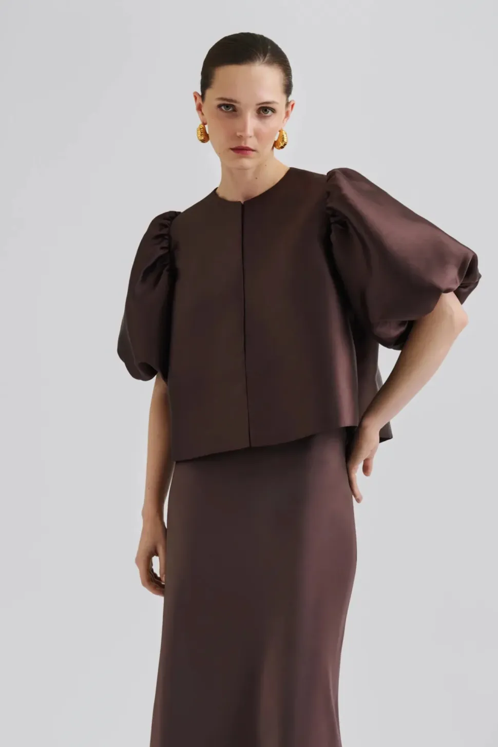 Malina naisten pusero, CLEO POUF SLEEVE BLOUSE Tummanruskea