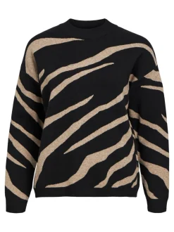 Object Naisten Neule, OBJRAY LO L/S KNIT PULLOVER AOP NOOS Musta Kuosi
