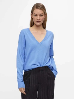 Object Naisten Neule, OBJTHESS L/S V-NECK KNIT PULLOVER NOOS Vaaleansininen