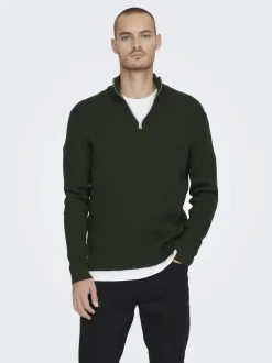 Only and Sons neule, PHIL COTTON HALF ZIP Armeijanvihreä