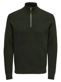 Only and Sons neule, PHIL COTTON HALF ZIP Armeijanvihreä