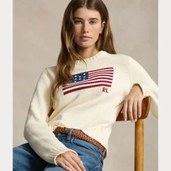 Polo Ralph Lauren naisten neulepusero, FLAG CN-LONG SLEEVE-PULLOVER Luonnonvalkoinen