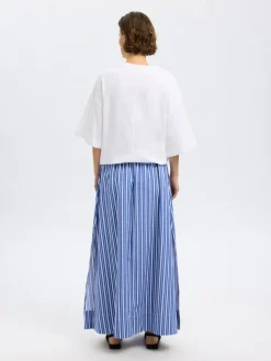 Selected Femme naisten hame, SLFFIA HW STRIPED ANKLE SLIT SKIRT Raidallinen Sininen