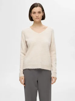 Selected Femme Naisten Neule, SLFLULU NEW LS KNIT V-NECK B NOOS Luonnonvalkoinen