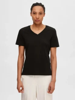 Selected Femme Naisten T-paita SLFESSENTIAL SS V-NECK TEE NOOS Black