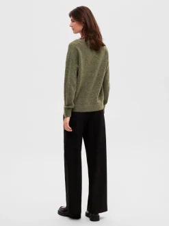 Selected Femme neule, SLFMALINE LS KNIT V-NECK Armeijanvihreä