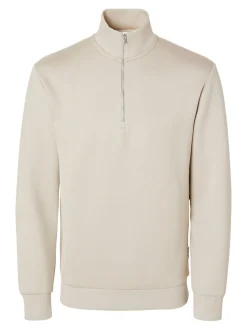 Selected miesten collegepusero, MANUEL SOFT ZIP HIGH NEW SWEAT Luonnonvalkoinen