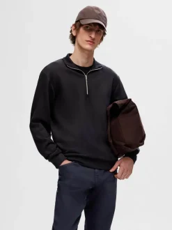 Selected miesten collegepusero, MANUEL SOFT ZIP HIGH NEW SWEAT Musta