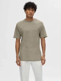Selected Miesten T-Paita, BET LINEN SS O-NECK Armeijanvihreä