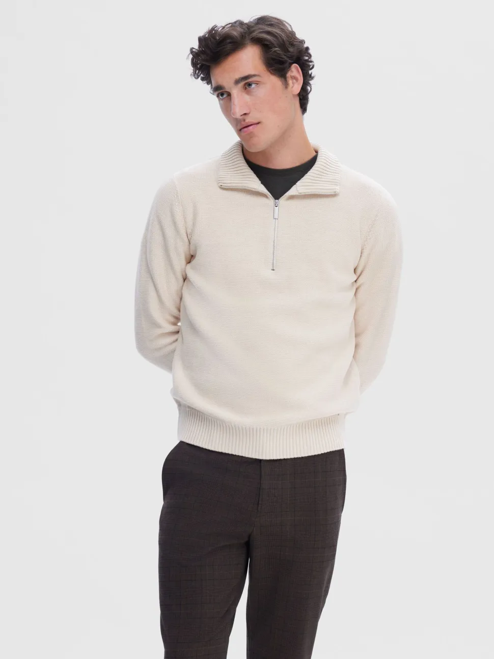 Selected neule, AXEL LS KNIT HALF ZIP Egret