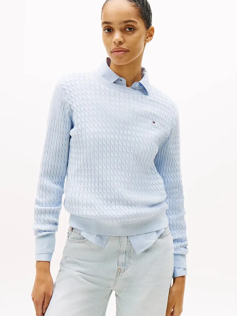 Tommy Hilfiger naisten neulepusero, CO CABLE C-NK LS SWEATER Vaaleansininen