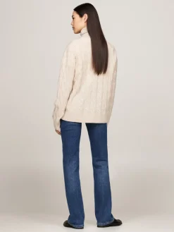 Tommy Hilfiger Naisten Neule, SOFT WOOL CABLE ROLL-NK SWEATER Luonnonvalkoinen