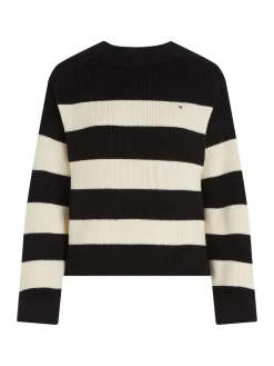 Tommy Hilfiger Naisten Raidallinen Neulepaita, CO CARDI STITCH C-NK SWT Mustavalkoinen