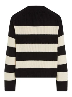 Tommy Hilfiger Naisten Raidallinen Neulepaita, CO CARDI STITCH C-NK SWT Mustavalkoinen