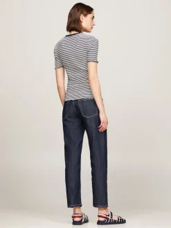 Tommy Hilfiger Naisten T-Paita, SLIM CTN MODAL RIB STP C NECK SS Raidallinen Sininen